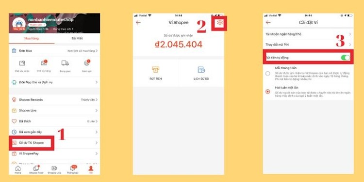 Rút tiền tự động từ số dư Shopee