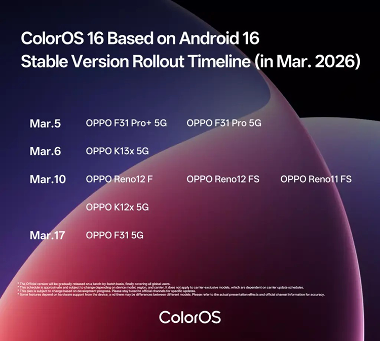 lịch trình điện thoại cập nhật ColorOS 16