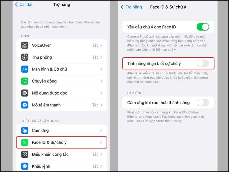 Tắt tính năng Nhận biết sự chú ý