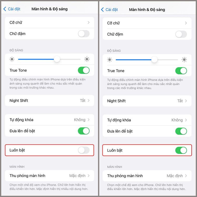 Kiểm tra chế độ Màn hình luôn hiển thị khi iphone không tự tắt