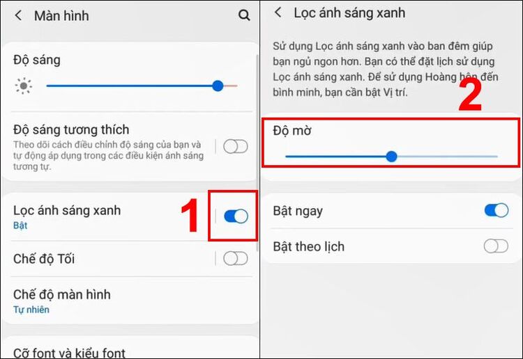 tắt chế độ lọc ánh sáng xanh khi màn hình note 9 bị ám vàng