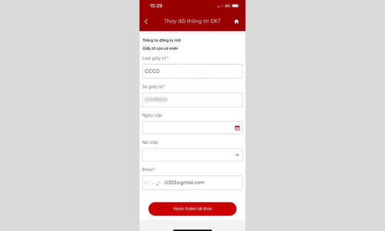 Nhập thông tin thay đổi cccd cho mã số thuế online eTax Mobile